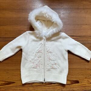 Sarah Louise white faux fur hooded full zip Christmas tree sweater SIZE 12M